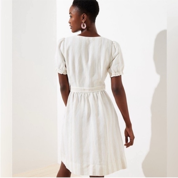 LOFT Beige White Stripe Linen Button-Front Short Puff Sleeve Dress - Picture 3 of 7